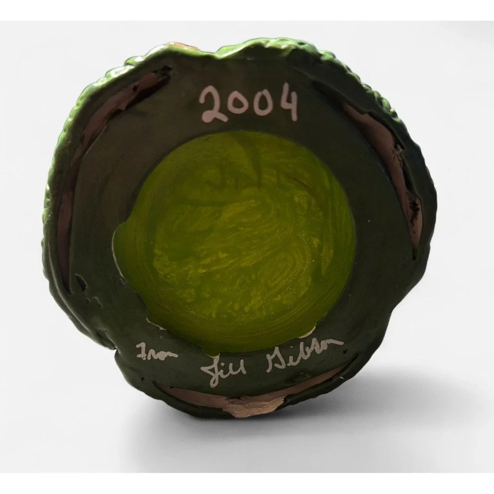 Jill Gibson 2004 Signed Ceramic‎ Birdhouse Tea Light Holder Heart Ivy Folk Art